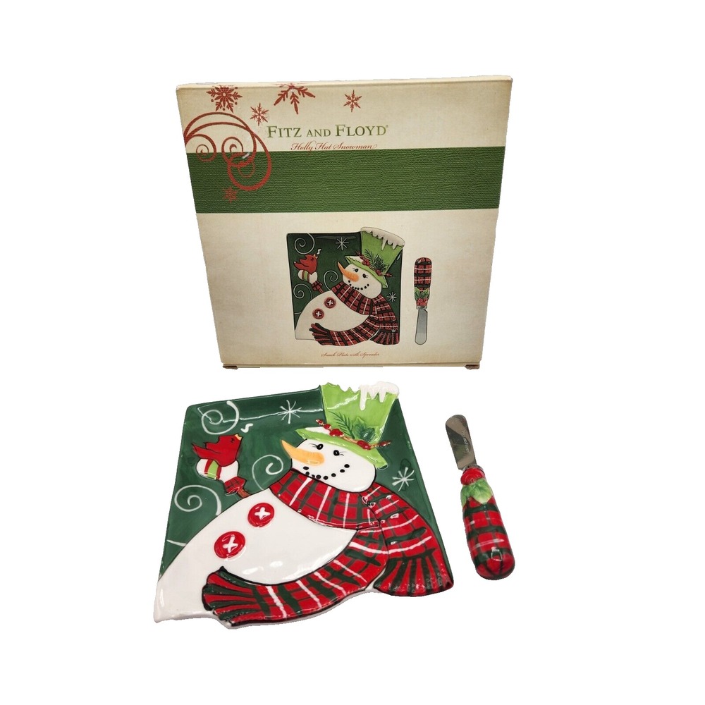 Fitz Floyd Holly Hat Snowman Christmas Snack Plate W/ Spreader Original Box